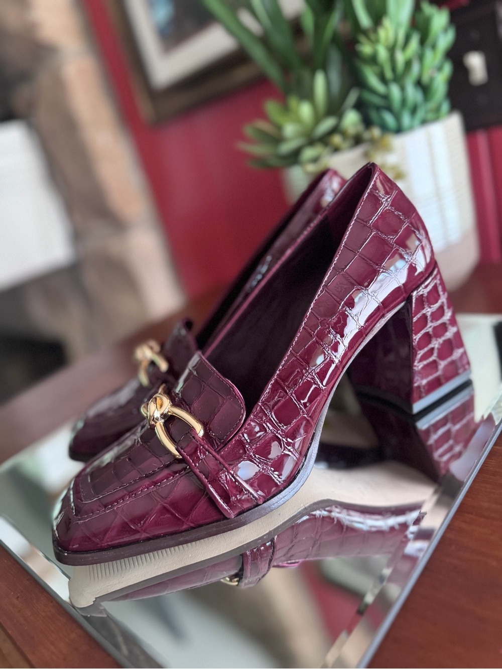 Antonio Melani Patent Croc-Embossed Block Heel Loafers - Burgundy - Picture 3 of 6